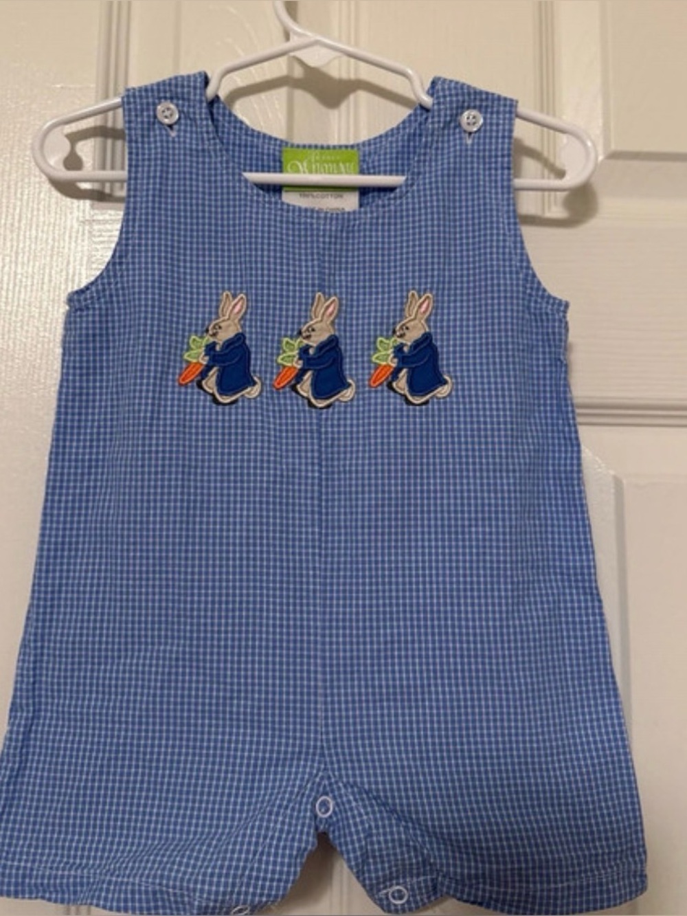 Whimsy- Blue Gingham Baby Romper with Bunny Appliqués 12mo
